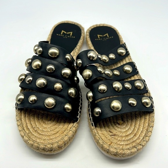 Marc Fisher - Brandi Black Leather Silver Studded Espadrille Slide Sandal SZ 6.5 - Picture 1 of 10
